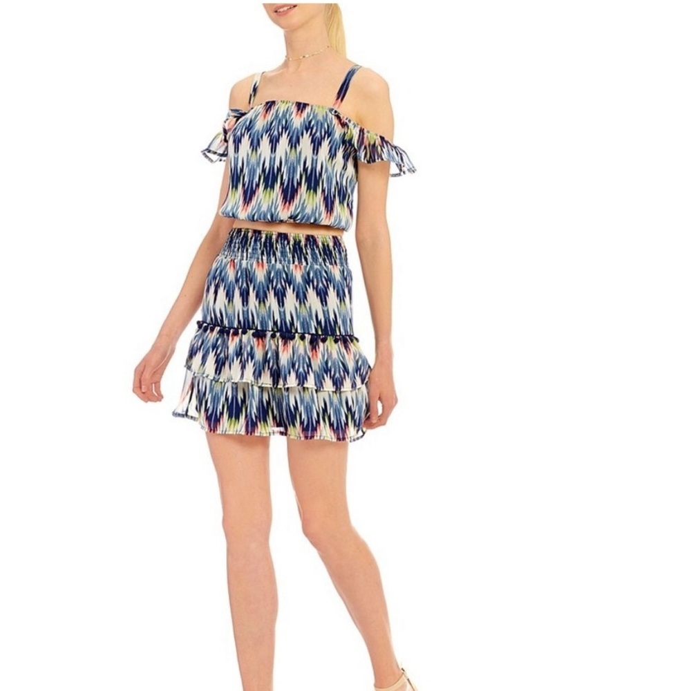 Jodi Kristopher Ruffle Crop Top & Tiered Skirt Set Medium Navy Coral NWT